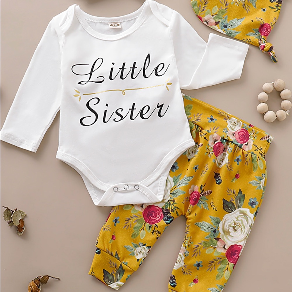 NWOT Baby Little Sister Onesie and Floral Pant Set. Size: 9-12 Months Color:Yell